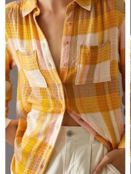 Pilcro Tops - Pilcro -Front Plaid Textured Shirt in Yellow & Pink - Anthropologie